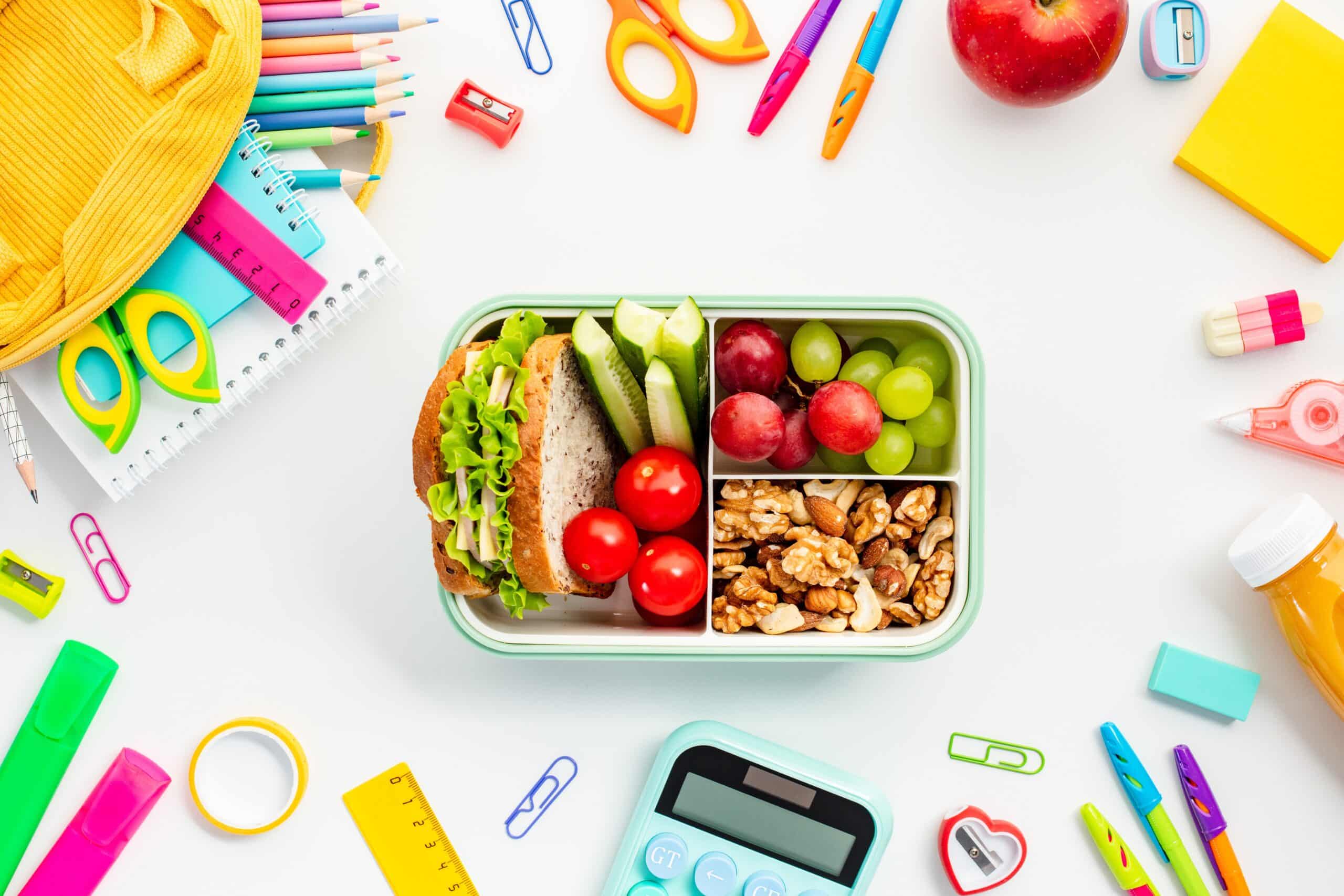 Colorful,School,Supplies,And,Healthy,Lunchbox.,Top,View,Of,Vibrant