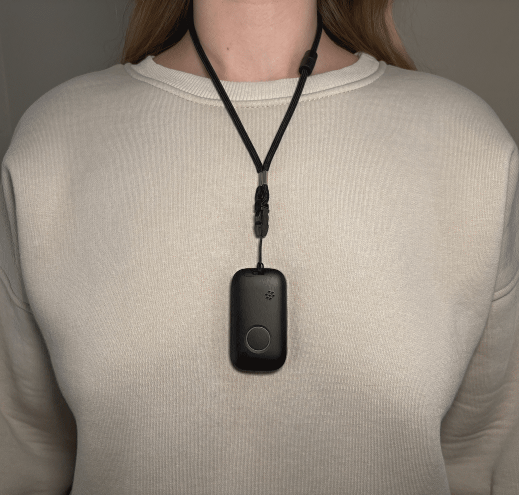 Life Assure medical alert pendant worn on a necklace